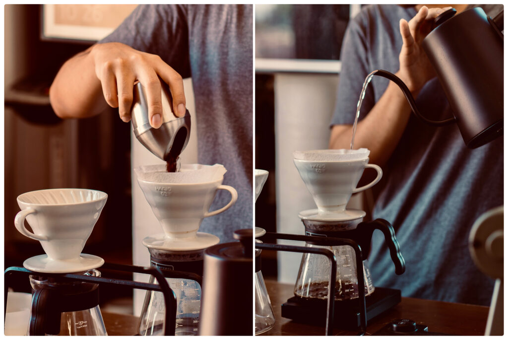 Grounded coffee beans (on left), and hot water pouring (on right)